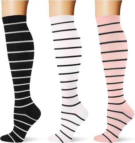 Miniatura 25 de (3 pares) Calcetines de compresión 20-30 mmHg, calcetines largos hasta la rodilla para mujeres y hombres, soporte atlético, para viajes y uso diario