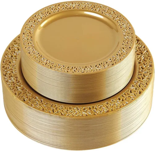 102 platos desechables de plástico de color café dorado con diseño de encaje, sin bisfenol A, lo que incluye: 51 platos llanos de 10.25 pulgadas y