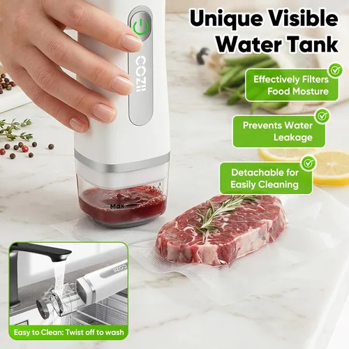 Miniatura 2 de COZII Sellador al vacío para alimentos, potente sellador al vacío de mano con 30 bolsas reutilizables, diseño recargable con tanque desmontable