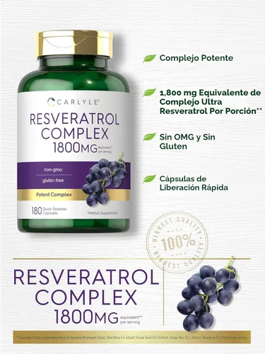 Miniatura 4 de Carlyle Suplemento de resveratrol 1800 mg 180 cápsulas Sin OMG y sin gluten Complejo potente
