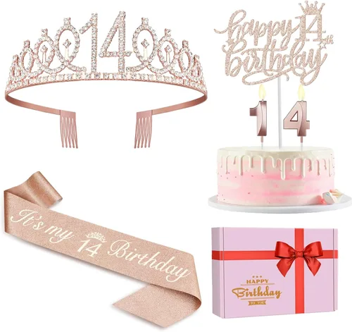 Miniatura 36 de Decoraciones de cumpleaños número 13 para niñas, incluyendo corona/tiara de cumpleaños 13, banda oficial para adolescentes y decoración de pastel