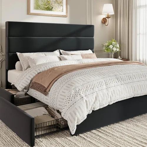 SHA CERLIN Base de cama de plataforma de tamaño matrimonial con 4 cajones de almacenamiento, cabecera tapizada de terciopelo, base de colchón con