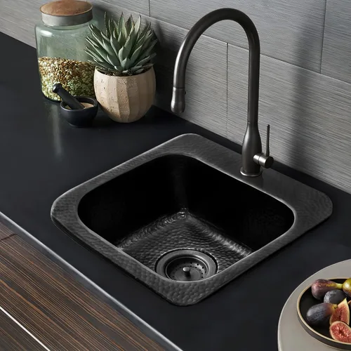 Miniatura 5 de Monarch Abode Fregadero de cocina y bar – Fregadero de barra pequeño Baxter de 15 pulgadas, fregadero de aluminio negro mate martillado a mano