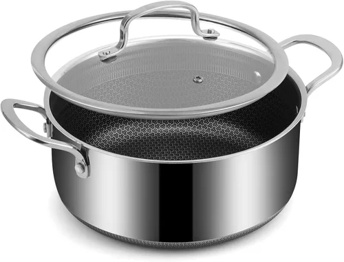 Olla híbrida antiadherente de 5.2 cuartos de galón con tapa de vidrio templado, asas que se mantienen frescas, aptas para lavavajillas y horno,