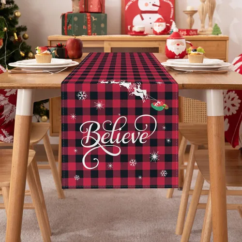 Miniatura 2 de Bonhause Camino de Mesa Navideño a Cuadros Buffalo Rojo y Negro de 13x72 Pulgadas Xmas Believe Trineo Decoración Estacional de Invierno para Mesa