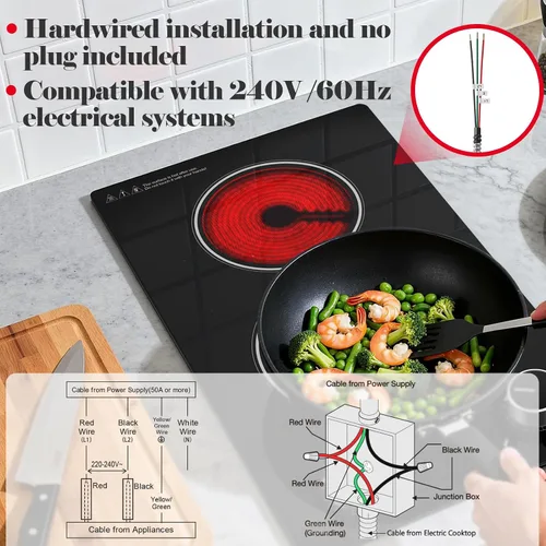 Miniatura 6 de SNDOAS Cocina eléctrica de 2 quemadores, 12 pulgadas integrada de 3000 W y 9 niveles de potencia, estufa eléctrica con control de perilla, cableado