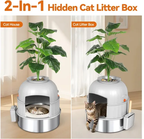 Miniatura 3 de Caja de arena oculta para gatos con planta artificial, muebles de acero inoxidable, maceta redonda decorativa incluye cuchara, guijarros, filtro
