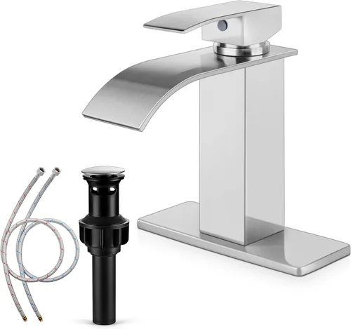 Miniatura 11 de Herogo - Grifo de lavabo de baño sin contacto, sensor automático, color negro mate, cascada de acero inoxidable, con drenaje desplegable de latón