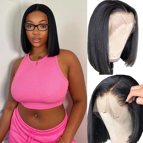 Miniatura 24 de Peluca de cabello humano sin pegamento, predepilada, precortada, recta, corta con encaje frontal para mujer, 4x4, cierre de encaje HD, peluca