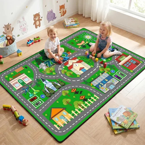Miniatura 14 de Alfombra de carretera para habitación de niños, alfombra de juego azul para pista de carreras, alfombra de coche para dormitorio, sala