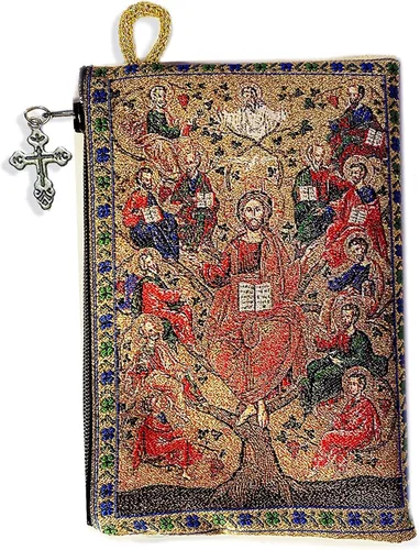 Needzo Rosario - Bolsa de tapiz con cuentas de oración de Jesucristo, el árbol de la vida, vid con apóstoles, 2 caras en la parte posterior, funda