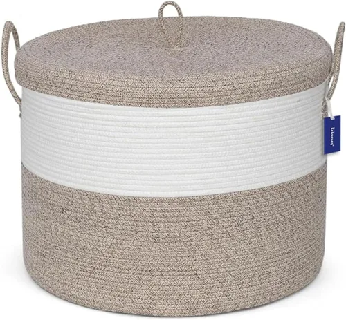 Miniatura 11 de Cestas de almacenamiento extra grandes de 21 x 18 pulgadas, cestas de cuerda ecológicas con tapa, cesta de manta para sala de estar con tapa, cestas