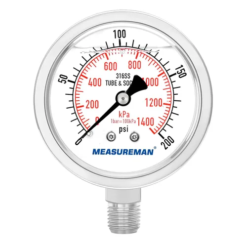 Miniatura 10 de MEASUREMAN - Manómetro de presión 1/4 NPT, manómetro de presión lleno de glicerina 0-100psi/kPa con esfera de 2.5 pulgadas y caja de acero