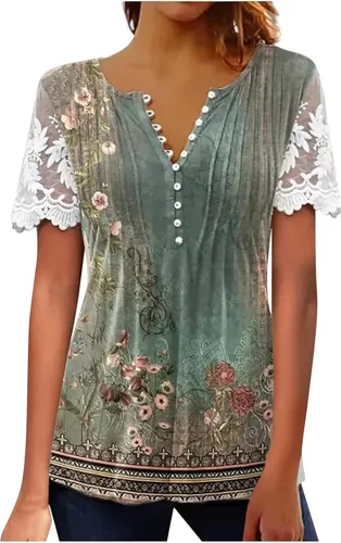 Miniatura 37 de Summer Shirts for Women 2025 Plus Size Short Sleeve Henley Tops Marble Floral Loose Tshirt Tee Casual Dressy Tunics