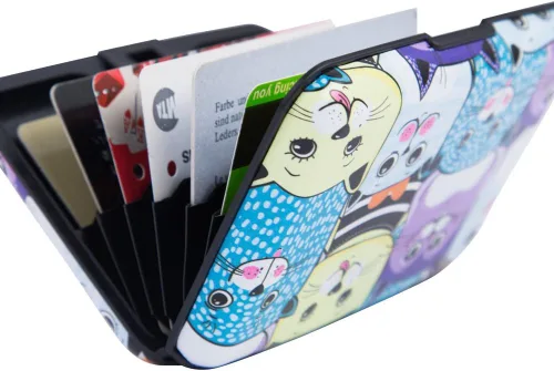 Miniatura 264 de ELFISH Mini cartera de aluminio RFID para tarjetas de crédito, funda de identificación de metal para hombres y mujeres, Happy Flower, Cartera Rfid