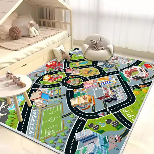 Miniatura 6 de Alfombra de Coches para Niños, Alfombra de Juego para Coches de Juguete y Tren, Alfombra de Juego de Tráfico Vial para Niños, Alfombra de Área