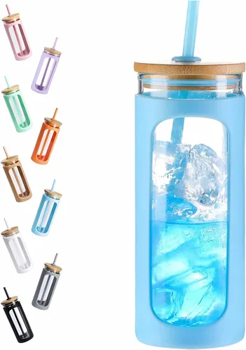 Miniatura 29 de Kodrine Vaso para agua de vidrio de 20 onzas con popote y tapa, botella de agua con tapas de bambú, taza para café helado, reutilizable, boca ancha