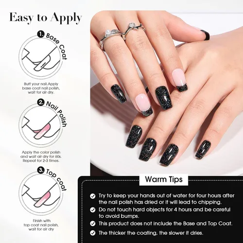 Miniatura 9 de COSMOO Esmalte de uñas de glitter negro de secado rápido, 12 ml, resistente a las astillas, vegano, de secado rápido, con vetas, de larga duración