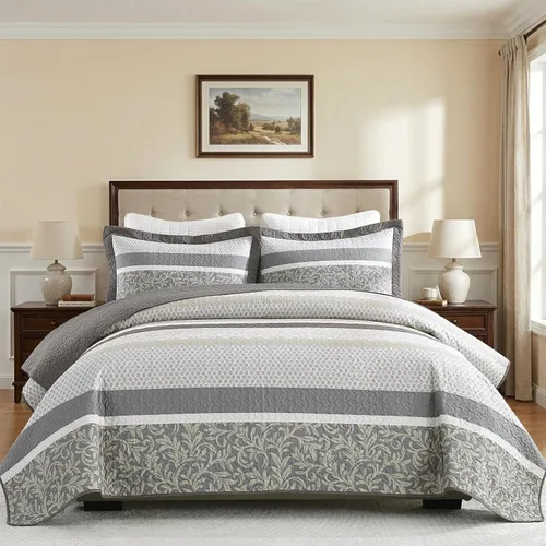 KALOOLA Colchas de granja tamaño Queen – Juego de ropa de cama acolchado ligero 100% algodón, 3 piezas, colcha botánica a rayas estampada con 2