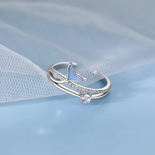 Miniatura 5 de Delicado anillo abierto de cola de sirena para mujer, circonita cúbica, cola de pez azul, doble capa, ajustable, apilables, anillos de compromiso