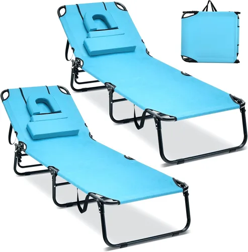 Miniatura 16 de GYMAX Silla de bronceado, silla de playa de 350 libras con agujero para la cara, almohada lavable y correa de transporte, tumbona plegable