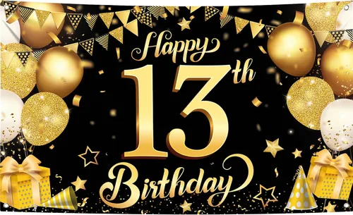 KatchOn, Cartel de feliz cumpleaños número 13, negro y dorado, extragrande, 72 x 44 pulgadas, telón de fondo de feliz cumpleaños, pancarta de feliz