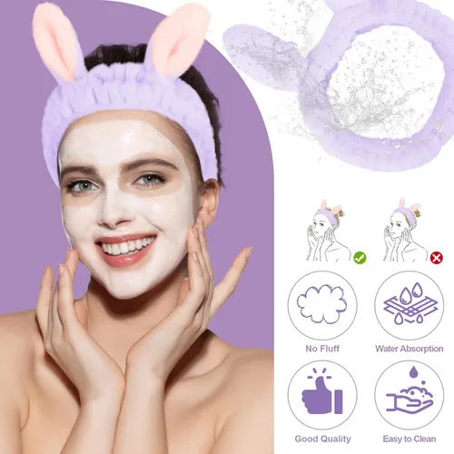 Miniatura 4 de Jowmoy Bonita diadema de orejas de conejo, diseño de ojo de rana, elástica para lavar la cara, para mujeres, maquillaje, ducha, spa. Q-Orejas