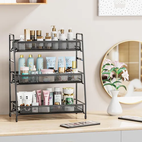 Miniatura 3 de EKNITEY Organizador de encimera de baño - Estante de especias de 3 niveles, estante de maquillaje de metal, pequeño organizador de perfume para Negro