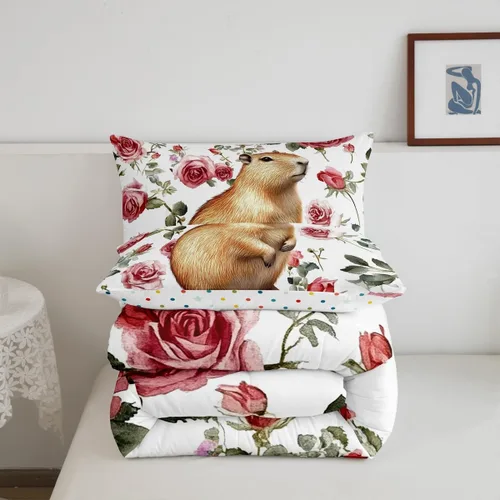 Miniatura 4 de Erosebridal Wild Capybara - Juego de cama de tamaño Queen romántico con diseño de rosas y flores, color rojo, lindo juego de cama con temática