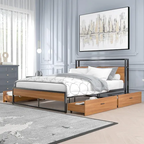 Miniatura 10 de VilroCaz Cama de plataforma de tamaño matrimonial con enchufes y puertos USB, marco de cama de plataforma de metal moderno con cajones, soporte