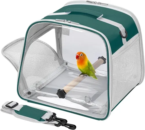 Miniatura 10 de Portador de pájaros pequeño, jaula de viaje con ventana grande con soporte y bandeja fácil de limpiar para cacatúas loro, periquito, ligero y Negro