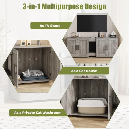 Miniatura 3 de GAOMON Caja de arena con doble jaula, casa para gatos, caja de arena oculta para 2 gatos, muebles de madera cerrada para gatos, 55 pulgadas de largo