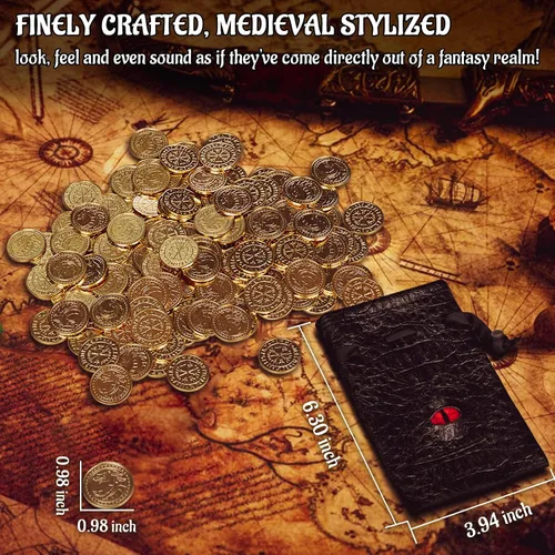 Miniatura 4 de CZYY - Monedas de metal de fantasía, 50 fichas de dragón de oro antiguo con bolsa Heavy Metal Feel, Dragon Front and Compass Back, Use for DND