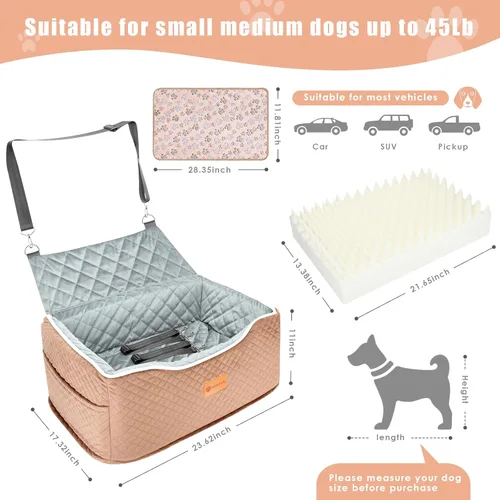 Miniatura 5 de AlfaTok Asiento de automóvil para perro, refuerzo de espuma viscoelástica para perros medianos de hasta 45 libras, cama de viaje elevada desmontable