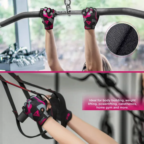 Miniatura 3 de RDX Guantes de levantamiento de pesas para gimnasio, entrenamiento de fitness, palma acolchada antideslizante, equipo de entrenamiento de fuerza Rosa