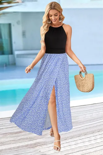 Miniatura 4 de KILIG - Vestido largo con corte y bolsillos, hawaiano, para la playa, para primavera, con cuello halter, floral, informal, largo hasta el tobillo