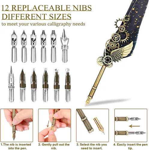 Miniatura 3 de Pluma de Caña, Juego de Pluma de Caña con Tinta Incluyendo Pluma Mecánica y Pluma de Inmersión de Madera, 5 Colores de Tinta, 12 Plumillas de Negro