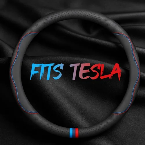 Miniatura 39 de Funda de cuero para volante de automóvil, transpirable, perforada con láser, líneas dobles negras puras, textura premium, 14.5-15 pulgadas