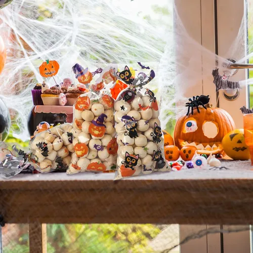 Miniatura 7 de Pajean Bolsas de celofán de Halloween a granel, bolsas de plástico para violonchelo con lazos giratorios, suministros de fiesta temática