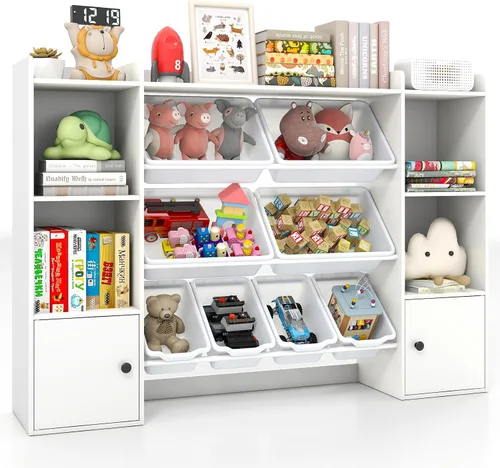 Miniatura 12 de Costzon Organizador de almacenamiento de juguetes para niños con 8 contenedores, estantería de madera para niños pequeños con estantes abiertos