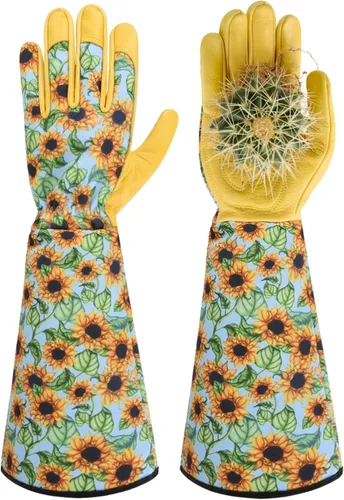 Miniatura 10 de Guantes largos de jardinería para mujeres, a prueba de espinas, guantes de cuero de vaquilla para poda de rosas, para cactus, rosas y moras