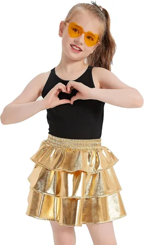 Miniatura 2 de techcity Falda metálica brillante de 3 capas con volantes para niñas, ropa de disfraz de fiesta de baile para niñas de 4 a 13 años con gafas