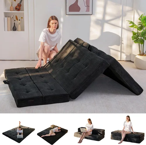 MAXYOYO Sofá cama plegable de 4 pulgadas, sofá plegable copetudo, sofá portátil con asas, cubrecolchón de cama de invitados, tapete portátil para
