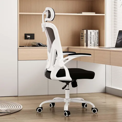 Miniatura 11 de Silla de oficina ergonómica con soporte lumbar ajustable y reposacabezas, silla de escritorio de malla de respaldo alto con reposabrazos abatibles
