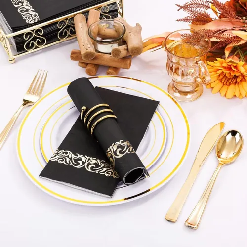 Miniatura 6 de WDF 100 unidades de servilletas negras y doradas desechables - 3 capas, servilletas negras con borde dorado, servilletas desechables de papel