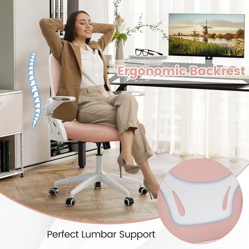 Miniatura 4 de COSTWAY Silla de oficina, cómoda silla giratoria de escritorio con altura ajustable y reposabrazos abatibles, sillas ergonómicas de malla para Rosa