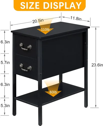 Miniatura 2 de VECELO Mesas auxiliares, mesita de noche estrecha con cajones y estante de almacenamiento, mesita de noche moderna para espacios pequeños, sala