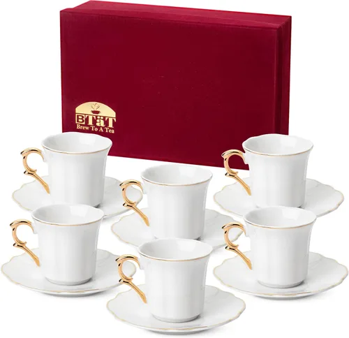 Miniatura 10 de Brew To A Tea Juego de 6 tazas de café turco de porcelana con platillos, color blanco con diseño de ribete dorado y caja de regalo, aptas