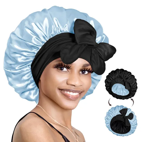 Miniatura 16 de BONNET QUEEN Gorro de seda para dormir, gorro de satén con lazo para el cabello, doble capa, para mujeres, cabello rizado, color marrón