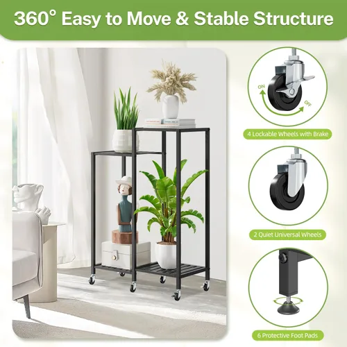 Miniatura 3 de iDavosic.ly Soporte para plantas de 4 niveles para interiores con ruedas, estante de metal escalonado para flores al aire libre para macetas Negro